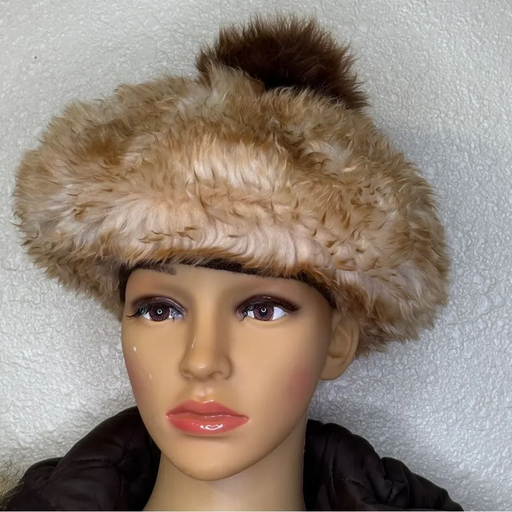 Vintage Original Tuscan Lamb Fur Hat Beanie Cream Brown Made In Italy